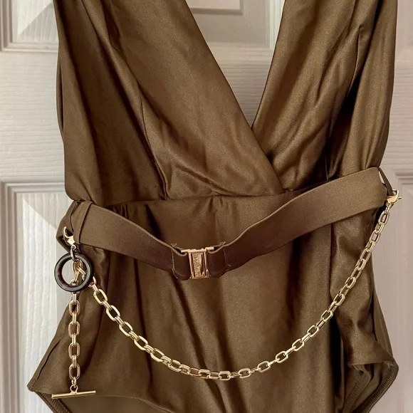 Zimmermann Olive Satin Bodysuit with Gold Chain